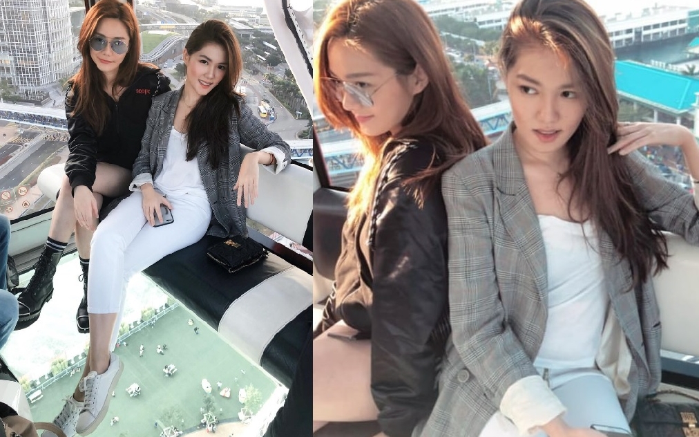 湯洛雯露出索腿,與妹妹湯樂瑤chok住擺甫士合照。湯樂瑤ig