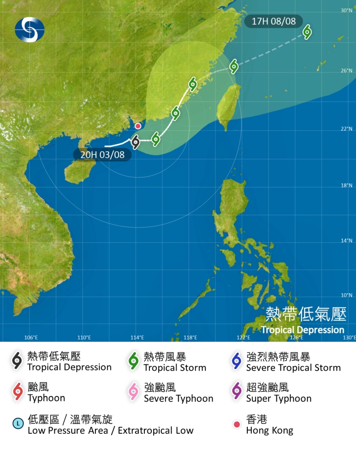 天文台指除非該熱帶低氣壓顯著增強及進一步靠近香港，本港普遍吹烈風的機會較低。天文台
