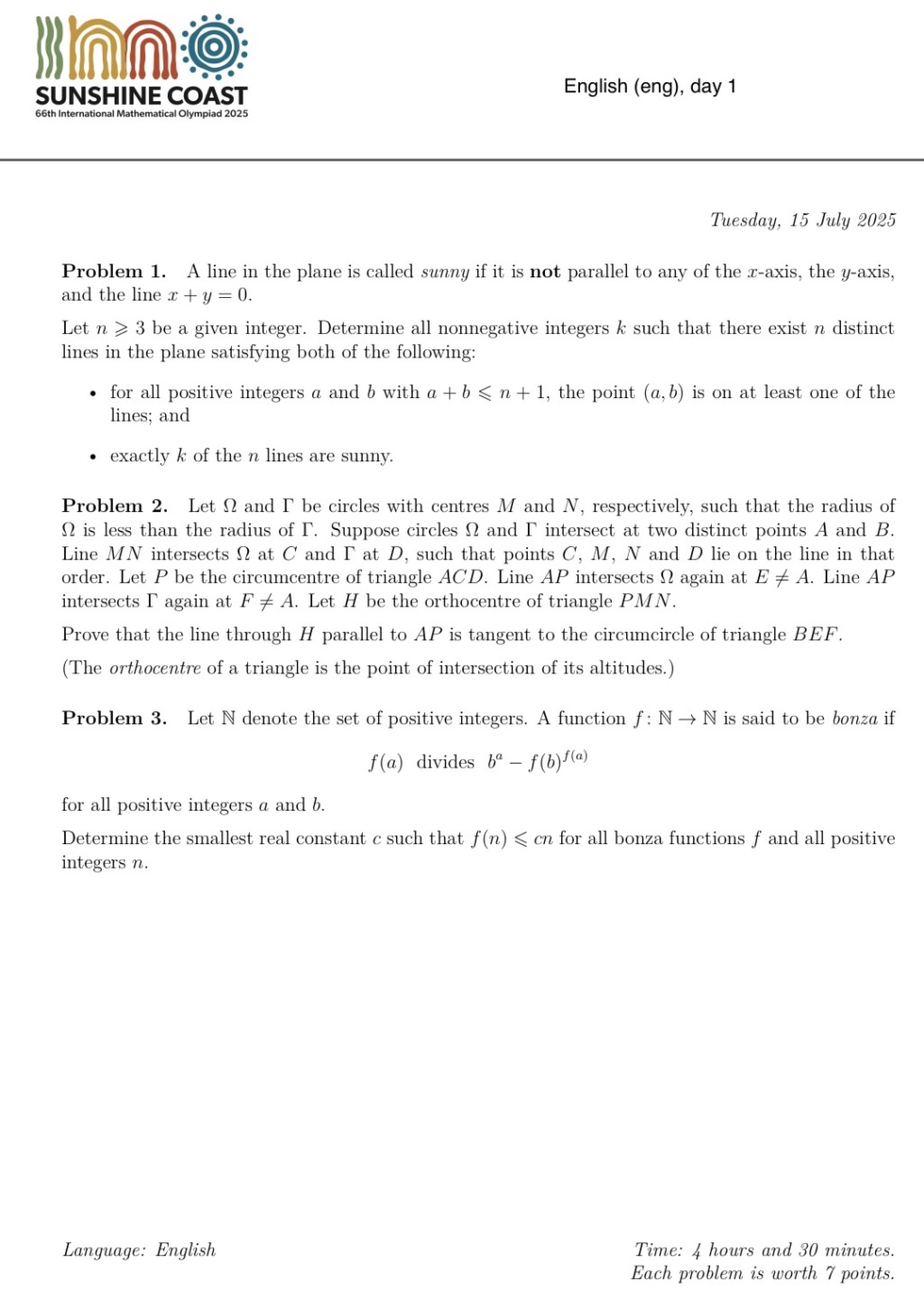 2025国际数学奥林匹克竞赛题目。 2025国际数学奥林匹克竞赛题目。
