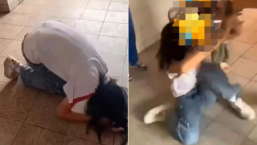 網傳影片顯示，廣東女中學生在校被逼下跪磕頭被同學輪流掌摑。
