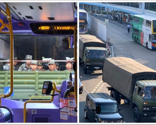 網民拍攝到解放軍軍車行走。突發事故報料區圖片