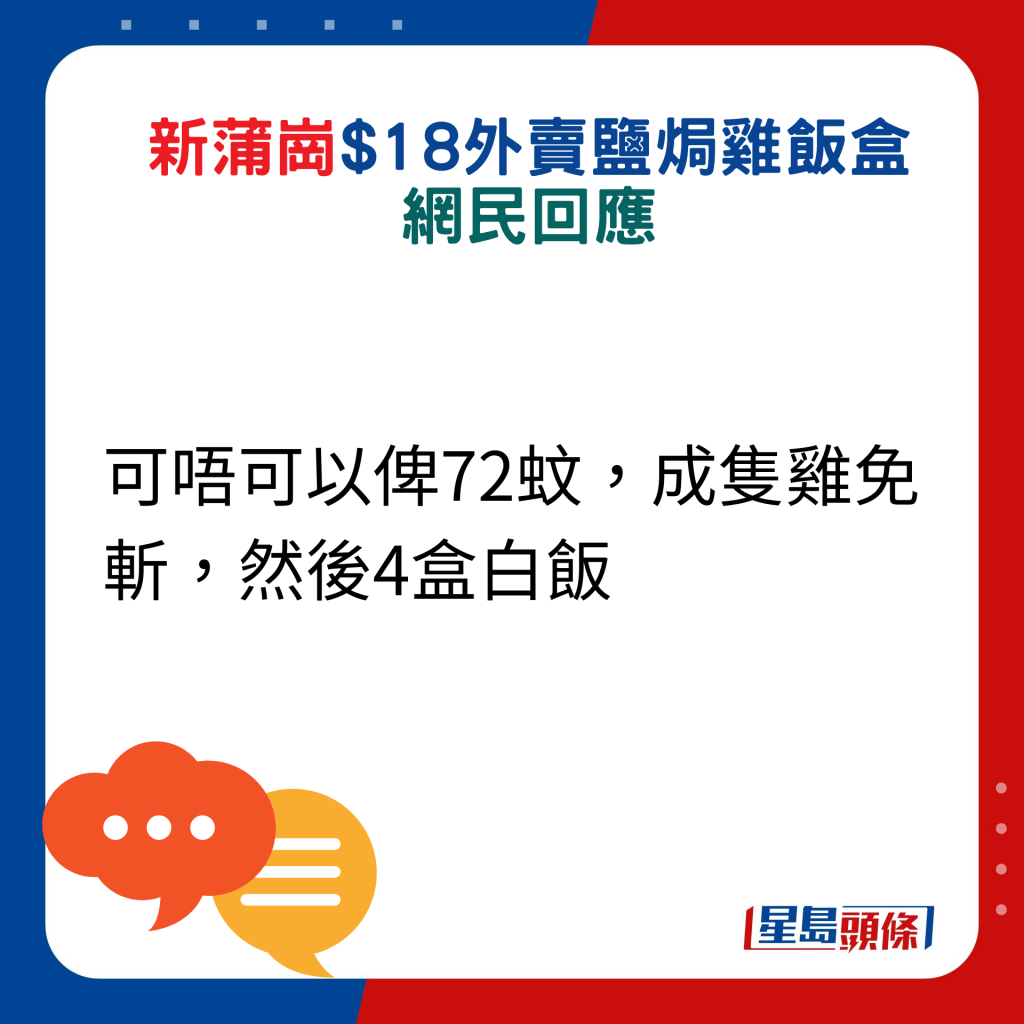 網民回應：可唔可以俾72蚊，成隻雞免斬，然後4盒白飯