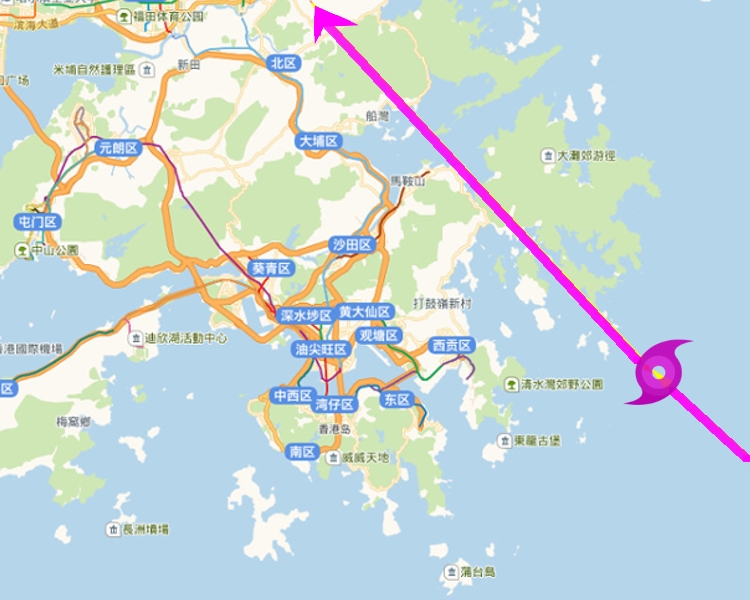 內地路徑預測吹向西貢及馬鞍山一帶。中央氣象台