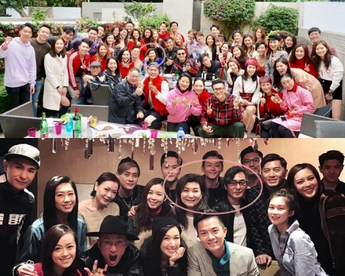 今年團拜（上），樂易玲家沒見男主人；去年陳君毅（下）仍開心幫老婆接待藝員。