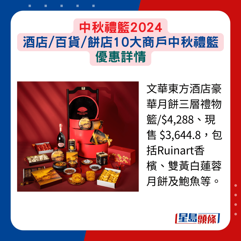 文华东方酒店豪华月饼三层礼物篮/$4,288、现售$3,644.8，包括Ruinart香槟、双黄白莲蓉月饼及鲍鱼等。