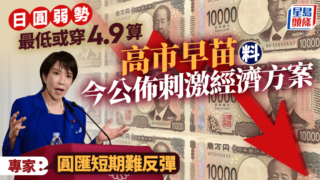 日圓弱勢 最低或穿4.9算 高市早苗料今公佈刺激經濟方案 專家：圓匯短期難反彈