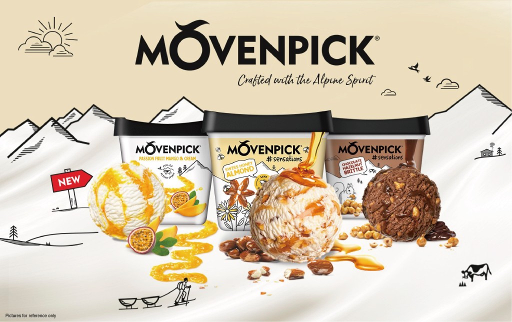 MÖVENPICK雪糕精挑推出三款全新口味：朱古力榛子碎雪糕、瑞士蜂蜜杏仁雪糕 及 熱情果芒果及忌廉雪糕。