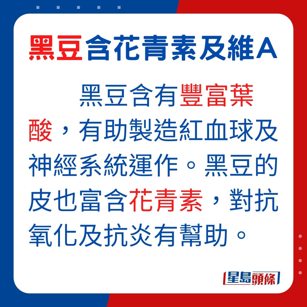 黑豆含豐富葉酸,有助製造紅血球及神經系統運作。就連黑豆的皮也富含花青素,對抗氧化及抗炎有幫助。