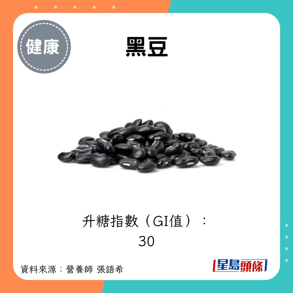 黑豆：升糖指數（GI值）： 30