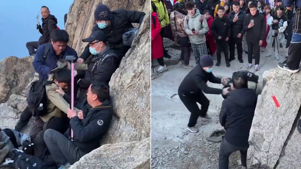 泰山睇日出爭位開拖，多人混戰滾落岩壁仍不停手。 