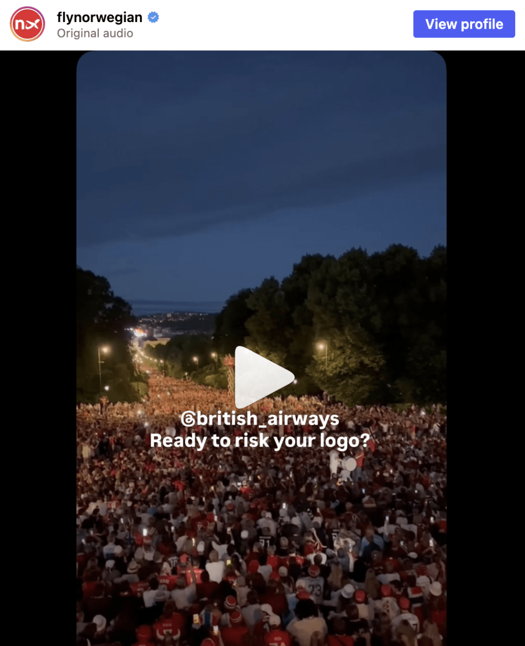 挪航在公司官方Instagram上公然標記英國航空。挪航語帶挑釁地提出打賭方案。 挪航在公司官方Instagram上公然標記英國航空。挪航語帶挑釁地提出打賭方案。