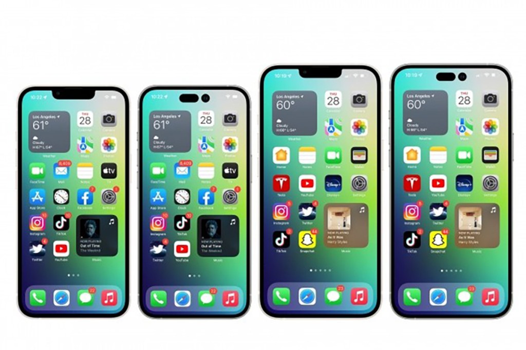 傳聞指iPhone 14系列繼續有四款型號，當中Pro版改用開孔式全熒幕，鏡頭及感應器排列似感歎號。