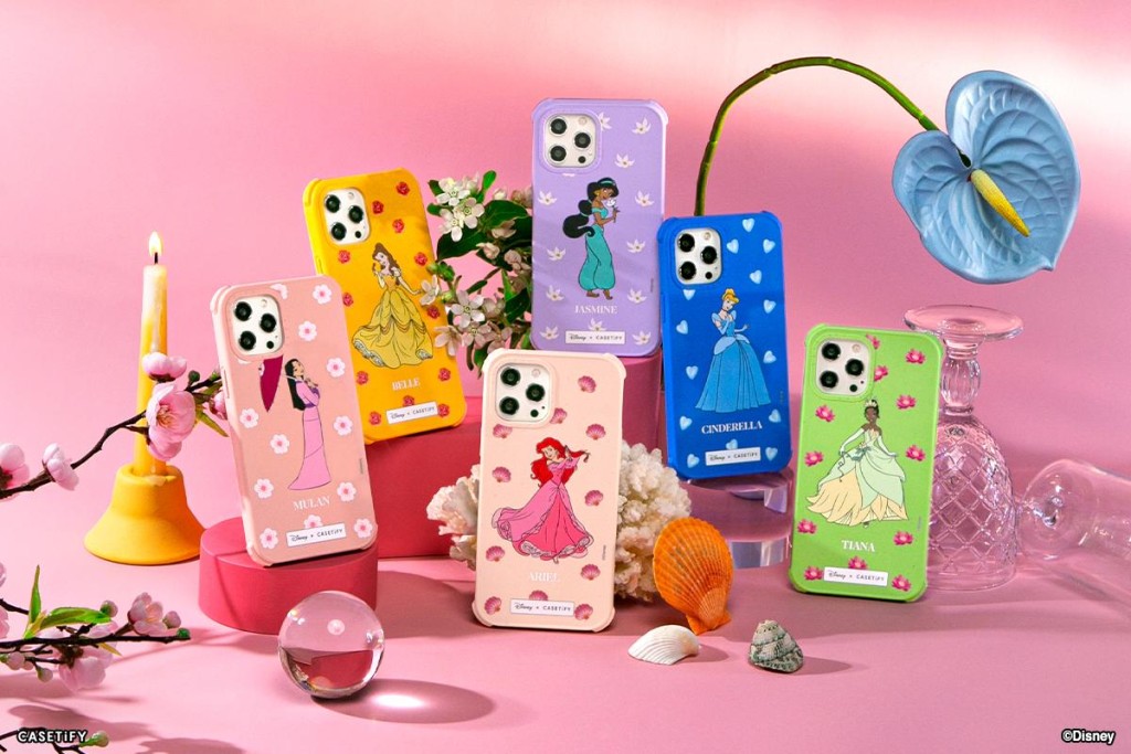 六款糖果色系的公主設計手機殼！包括艾莉奧 (Ariel)、貝兒 (Belle)、灰姑娘 (Cinderella)、茉莉 (Jasmine)、花木蘭 (Mulan) 和蒂安娜 (Tiana)。