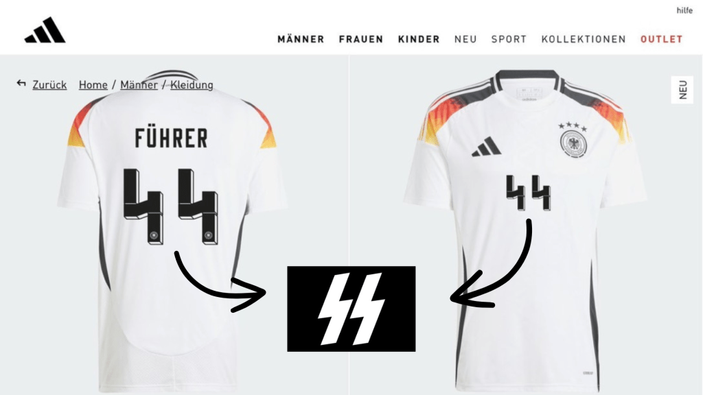 德國足球國家隊球衣被指字體有問題，自訂號碼製作44號似納粹黨衛隊「SS」符號。