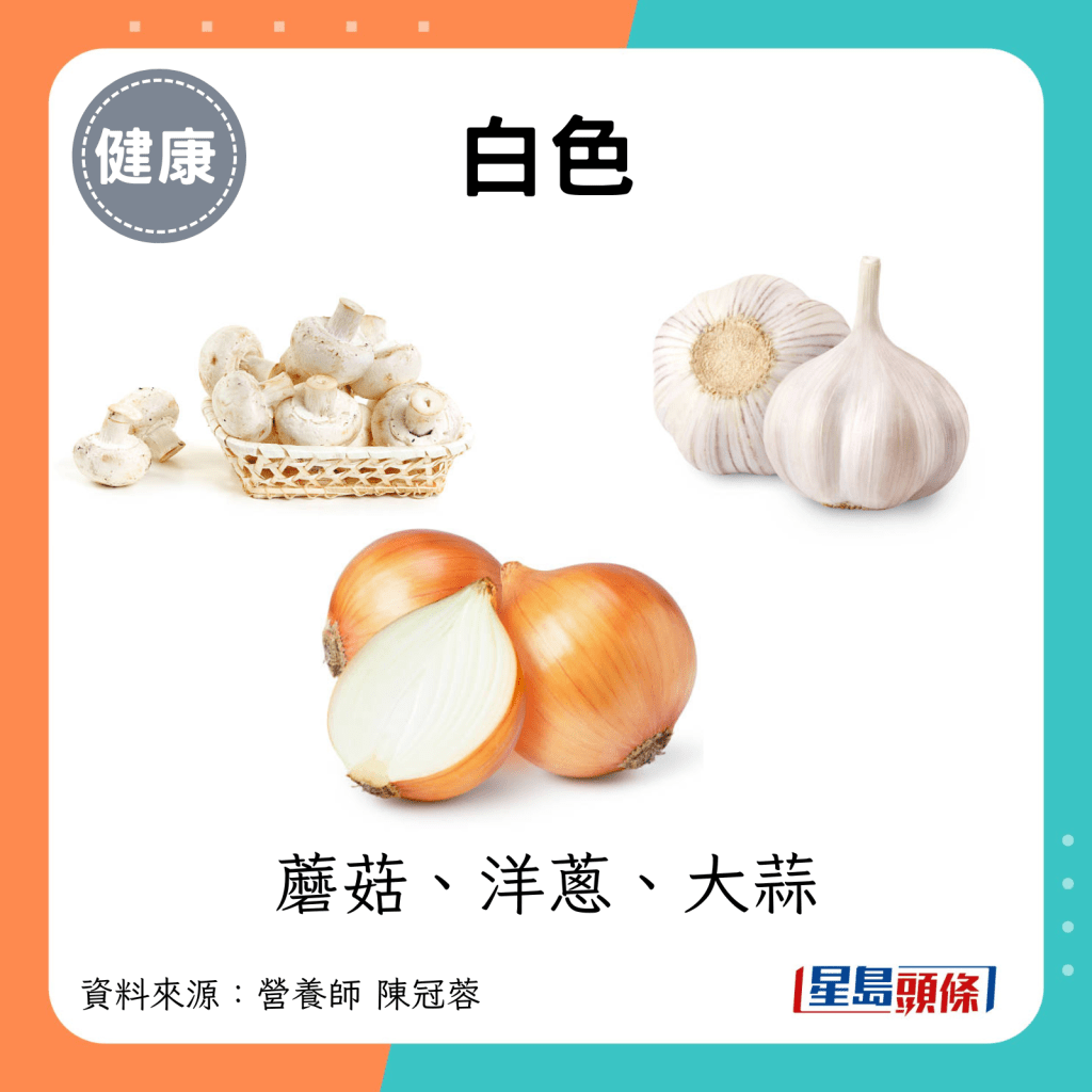 白色：蘑菇、洋葱、大蒜。