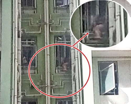 有人危坐一單位廚房的窗戶，一隻腳伸出窗外（紅圈示）。網圖