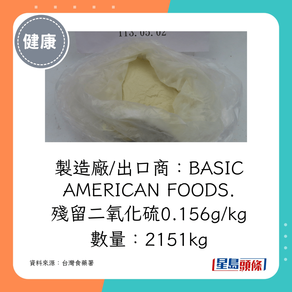 製造廠/出口商：BASIC AMERICAN FOODS. 殘留二氧化硫0.156g/kg