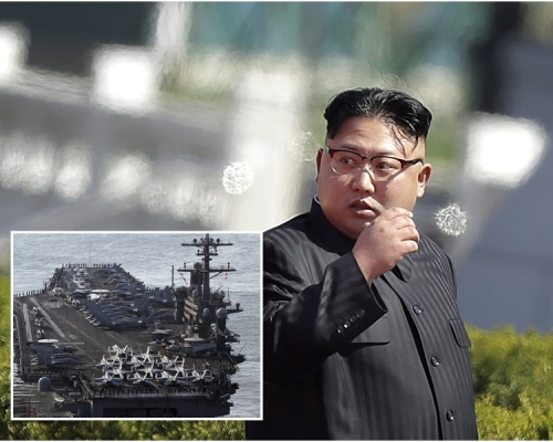 北韓局勢緊張，美軍航空母艦卡爾文森號戰鬥群（小圖）正駛近朝鮮半島海域。