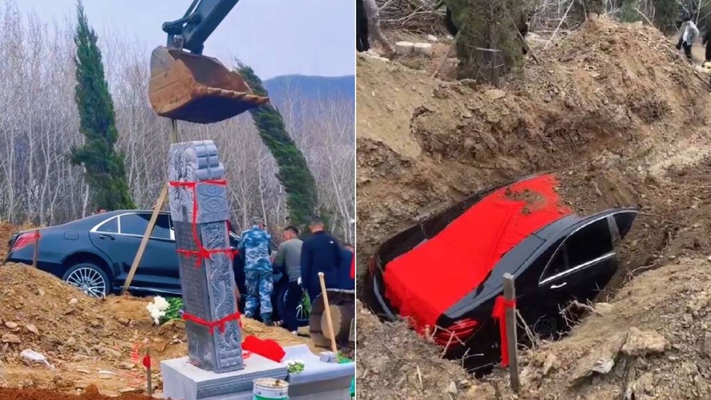 網傳遼寧有人將配有「8888」車牌，市價過百萬元人民幣的Benz房車做陪葬。抖音