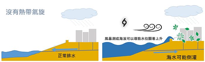 （左）沒有熱帶氣旋的暴雨情況；（右）同樣程度的暴雨情況下，熱帶氣旋帶來的強風、風暴潮、海浪等疊加起來可能導致排水能力下降。天文台