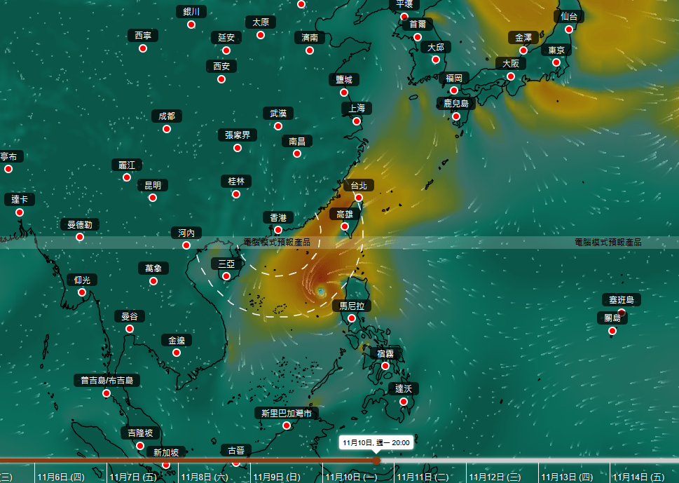 AI模型「伏羲」預測現時位於關島以南熱帶氣旋未來行走路徑。天文台擷圖 AI模型「伏羲」預測現時位於關島以南熱帶氣旋未來行走路徑。天文台擷圖