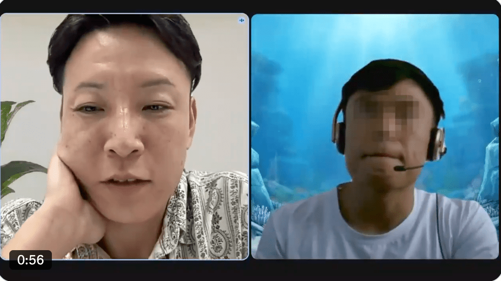 應徵者的說話內容與嘴部動作「完全不一致」，原田向對方發出疑問。