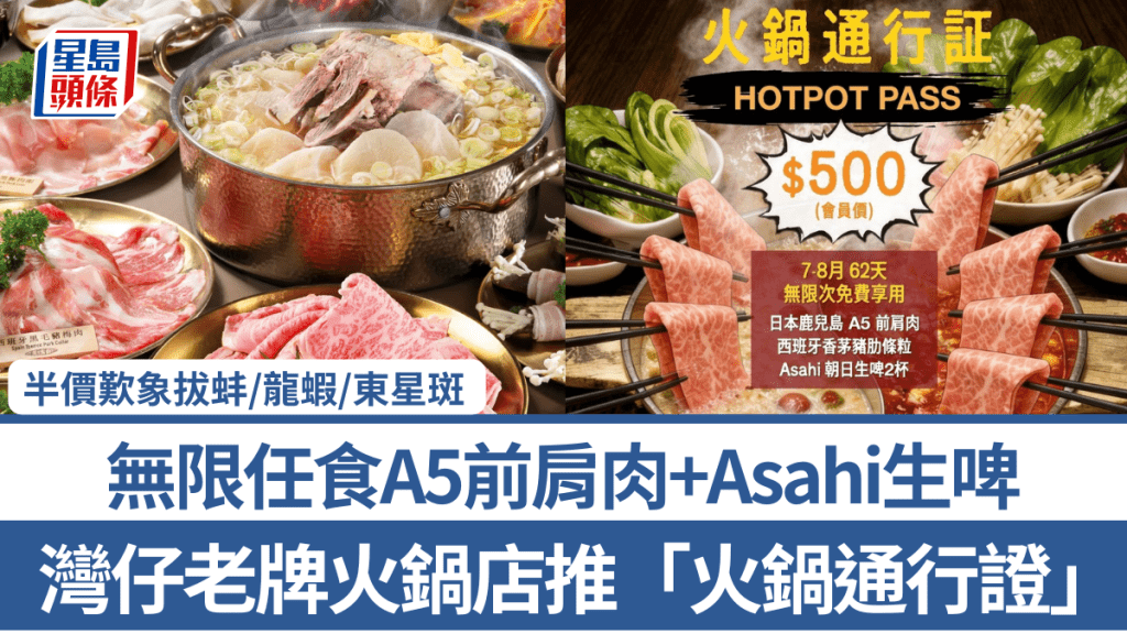 灣仔老牌火鍋店推「火鍋通行證」！無限任食A5前肩肉+Asahi生啤 半價歎象拔蚌/龍蝦/東星斑