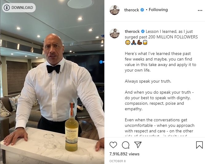 狄維莊遜IG的追隨者突破2億，成為全球最多人追隨的美國男星，他拍片分享喜悅。