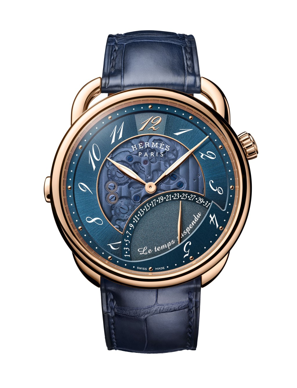 Hermès Arceau Le temps suspendu,錶殼:42mm玫瑰金 / 機芯:H1837自動 / 售價:$321,800(玫瑰金/鱷魚皮錶帶)/ $320,300(玫瑰金/小牛皮錶帶)。 Hermès Arceau Le temps suspendu,錶殼:42mm玫瑰金 / 機芯:H1837自動 / 售價:$321,800(玫瑰金/鱷魚皮錶帶)/ $320,300(玫瑰金/小牛皮錶帶)。