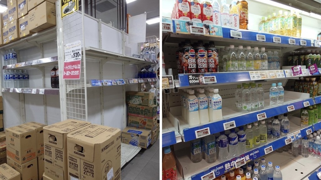 沖繩爆水管致大規模停水，民眾搶購超市2公升水。 X@naepyan