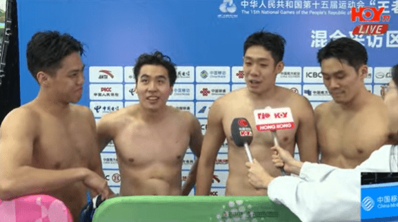 港队晋身男子4X100米混合泳决赛。电视截图 港队晋身男子4X100米混合泳决赛。电视截图