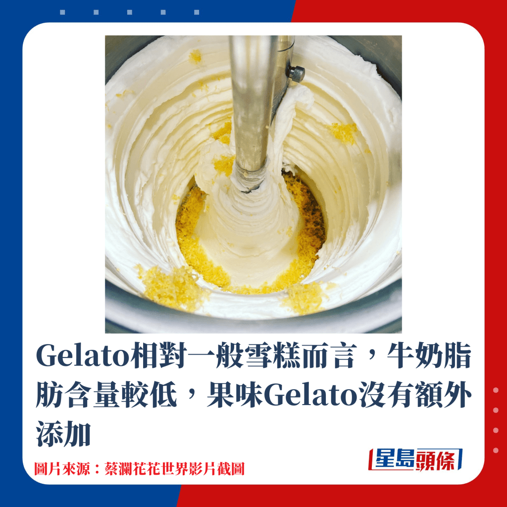 Gelato相對一般雪糕而言，牛奶脂肪含量較低，果味Gelato沒有額外添加