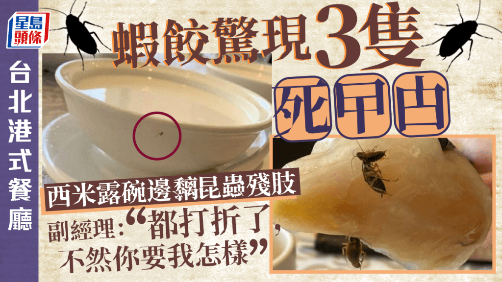 台北港式餐廳蝦餃驚現3隻曱甴屍 西米露仲送埋昆蟲殘肢