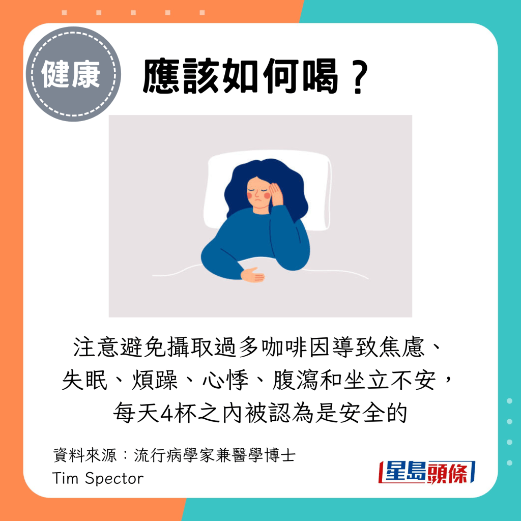 但要注意避免摄取过多咖啡因导致焦虑、 失眠、烦躁、心悸、腹泻和坐立不安，每天4杯之内被认为是安全的