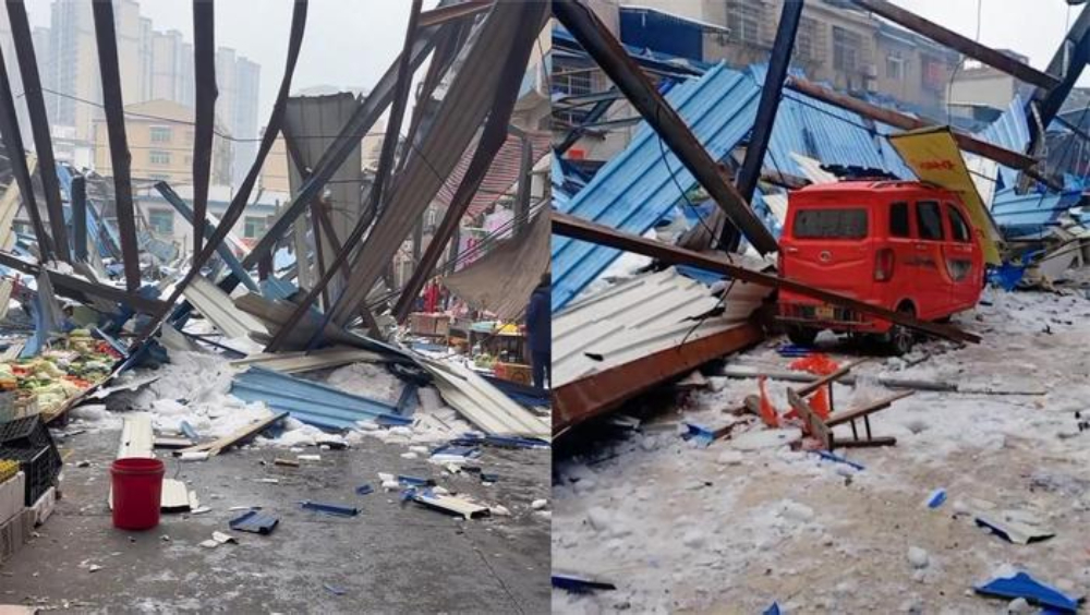 湖南益阳菜市场疑遭积雪压塌，暂救出6人。