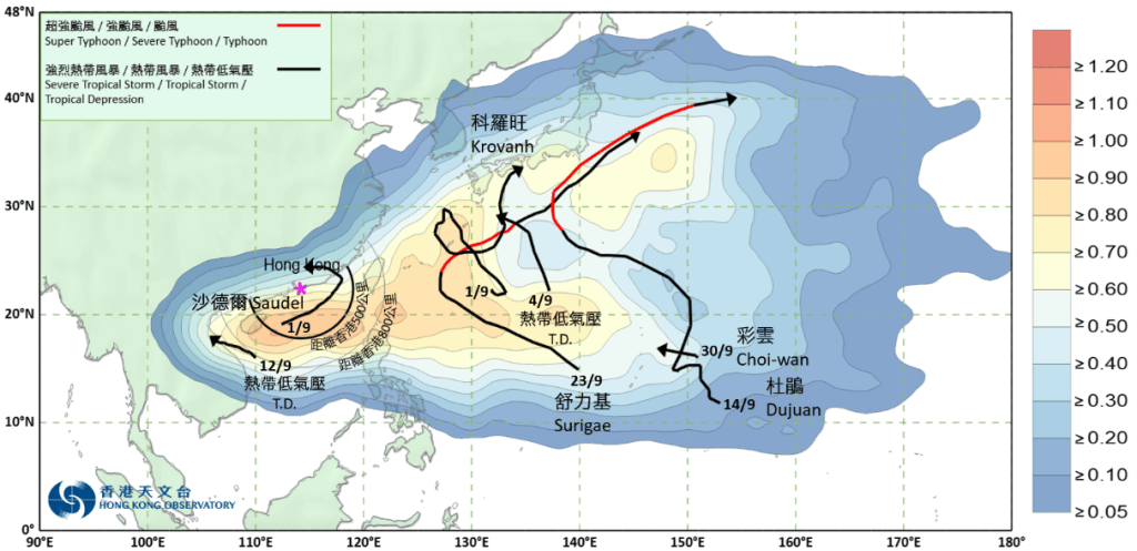 2026年9月影響西北太平洋及南海的熱帶氣旋暫定路徑。陰影顏色表示9月熱帶氣旋長期平均[1]路徑的分布密度。天文台網頁