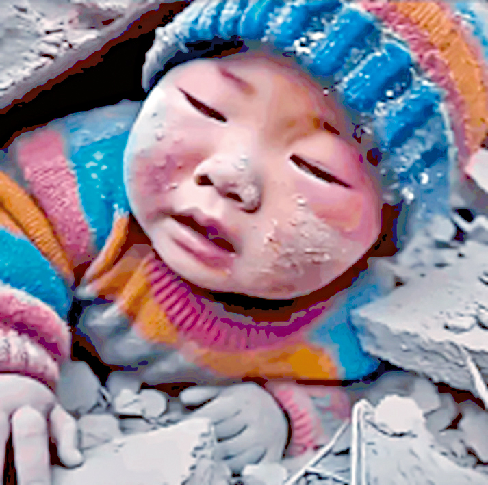 「小男孩被壓在廢墟下」的圖片實由AI合成。