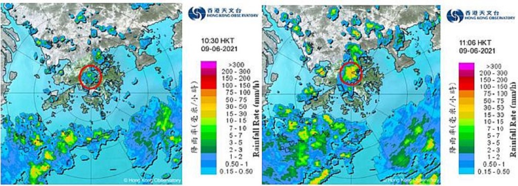 6月9日早上的雷達圖像，強雷雨區在大埔市區附近發展。天文台