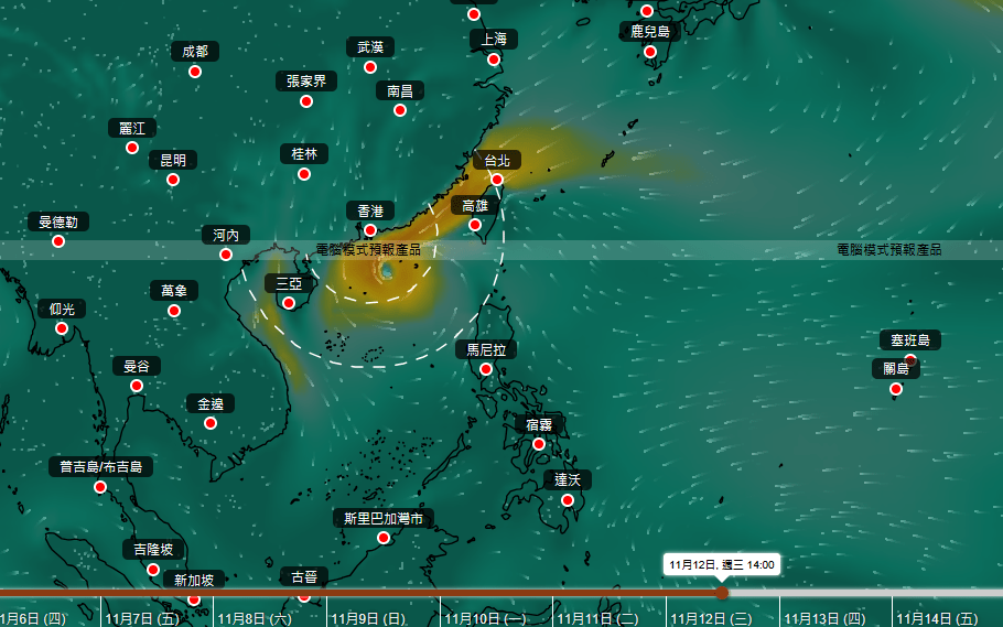 AI模型「伏羲」預測現時位於關島以南熱帶氣旋未來行走路徑。天文台擷圖 AI模型「伏羲」預測現時位於關島以南熱帶氣旋未來行走路徑。天文台擷圖
