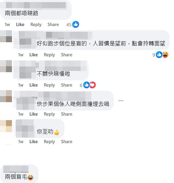 網民：好似跑步個位是盲的，人習慣是望前，點會拎轉面望。fb「車cam L（香港群組）」截圖