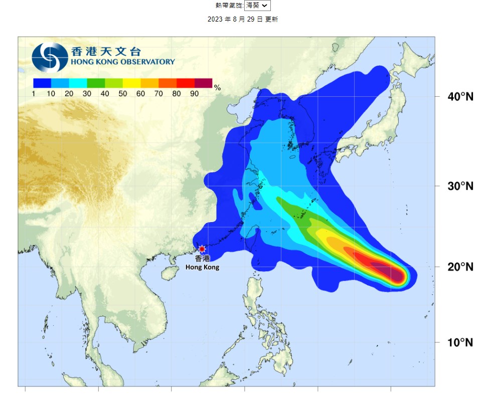 「海葵」——熱帶氣旋路徑概率預報。天文台圖片