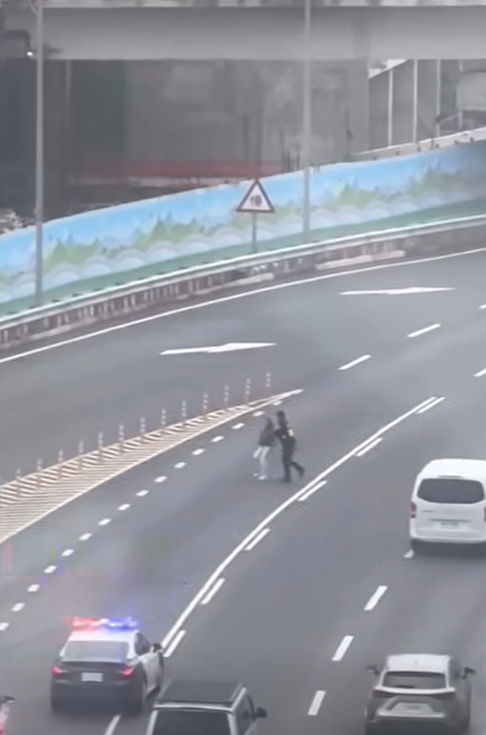警員終於將馬路中心的女子攔截。