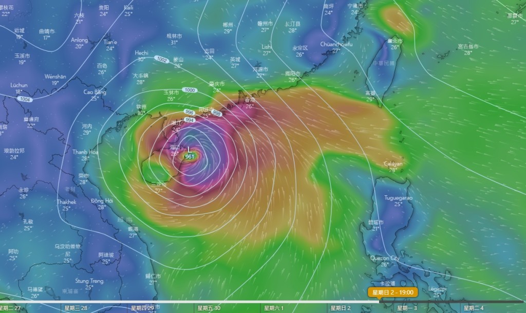 美國預報熱帶氣旋強度可達颱風級數。Windy截圖