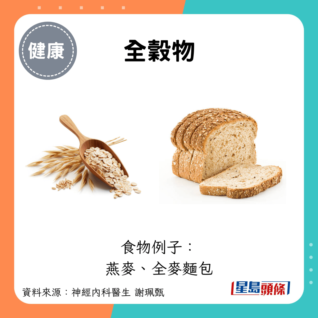 全谷物：食物例子： 燕麦、全麦面包