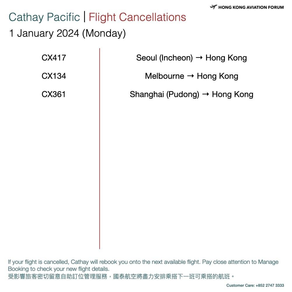 國泰在除夕、元旦日再有約13班和3班航班取消。香港飛行論壇FB圖片