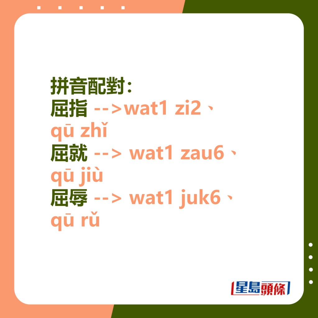 拼音配对： 屈指→wat1 zi2，qū zhǐ；屈就→ wat1 zau6，qū jiù；屈辱→ wat1 juk6，qū rǔ