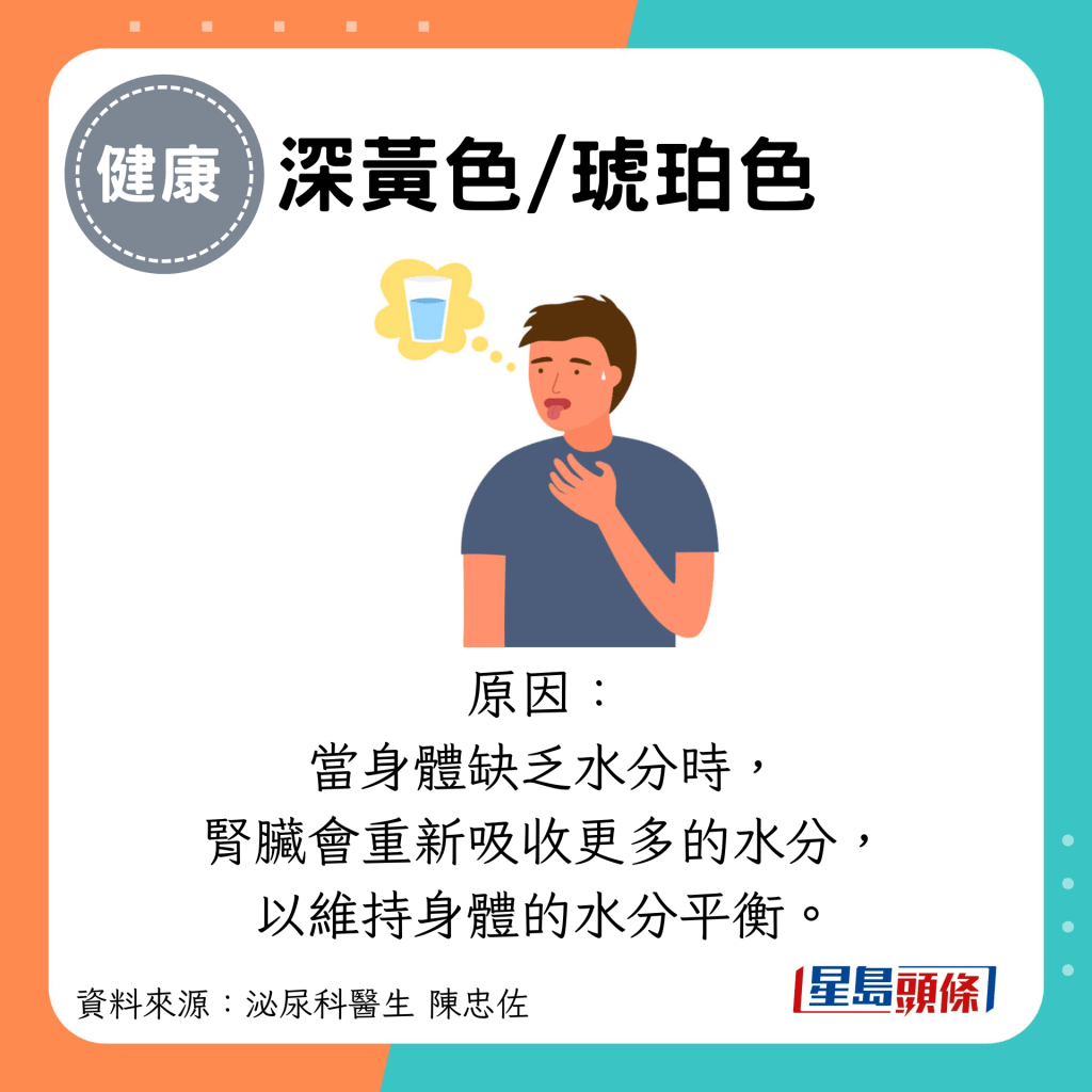 深黃色/琥珀色：原因： 當身體缺乏水分時， 腎臟會重新吸收更多的水分， 以維持身體的水分平衡。