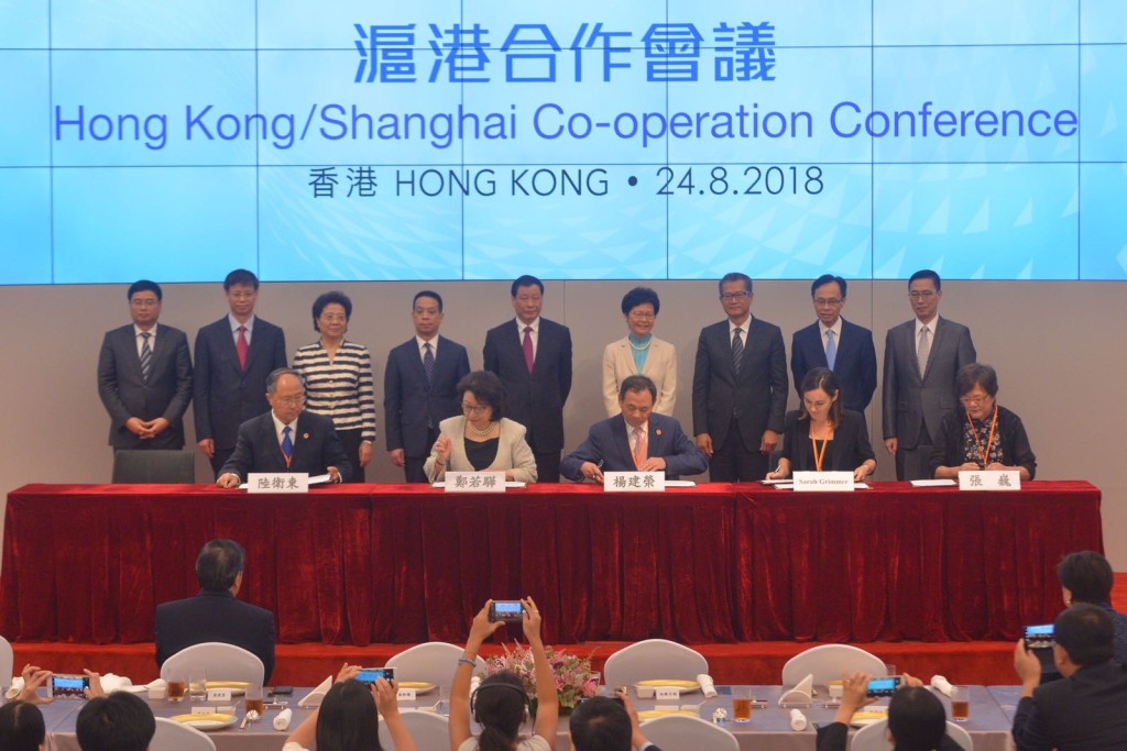 香港及上海政府簽署15份合作協議,範圍包括法律服務、教育、商貿、創新科技、文化及金融等領域。