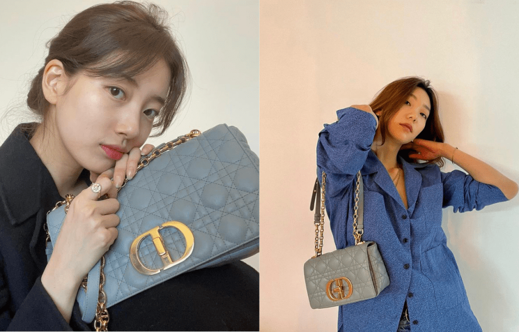 Caro Bag備有兩種尺寸，而秀智（左）及名模李皓京(右)褸款造型親自演繹，為優雅造型增添女性味。（圖片源自秀智及李皓京Instagram）