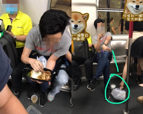 一名男子在港铁车厢内当众食饭盒。网民Caca Yip图片